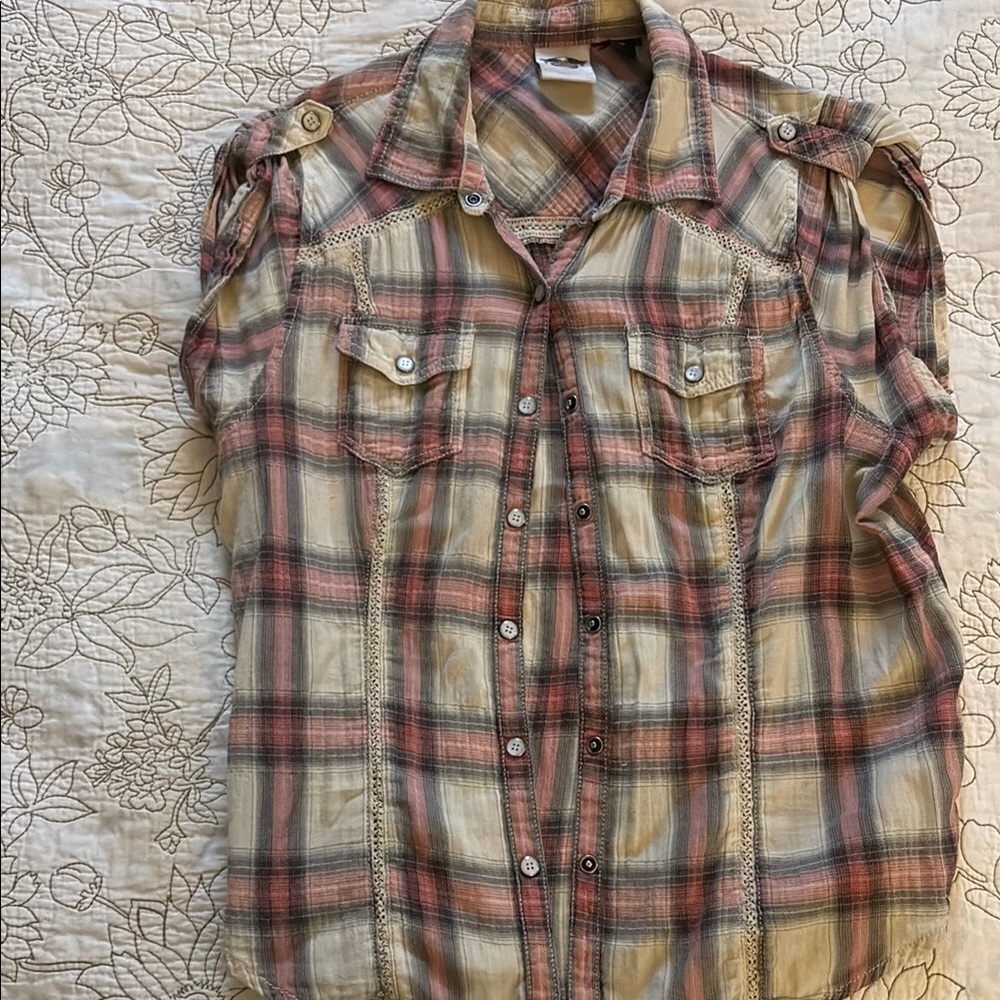Harley-Davidson Orange and Tan Plaid snap front shirt with snap cap sleeve